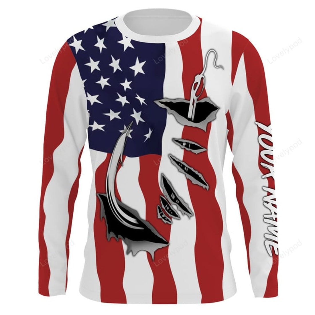 FUNSTUFFPRINT Custom US Fishing Fish Hook American flag , Patriotic fishing apparel 3D Long Sleeve T-Shirt