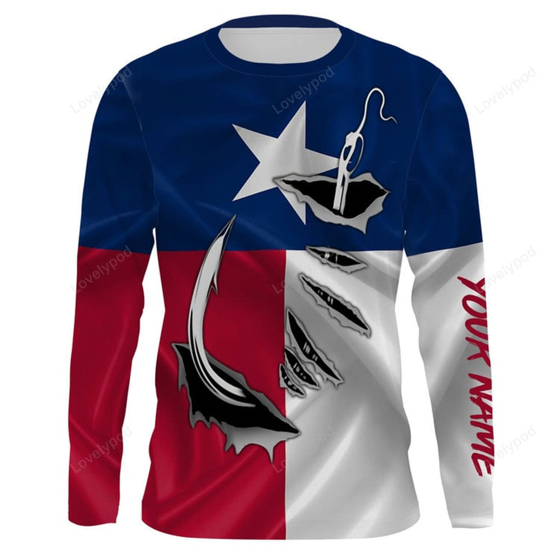 FUNSTUFFPRINT Custom Fishing 3D Fish Hook Texas Flag fishing 3D Long Sleeve T-Shirt
