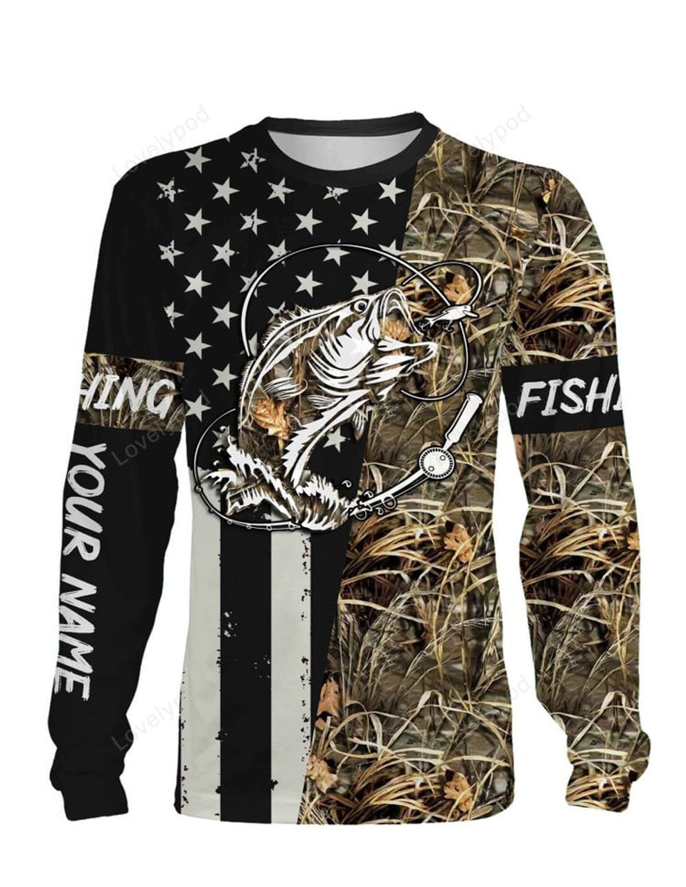FUNSTUFFPRINT Custom Bass Fishing US Flag Lake Camo Full Printing Shirts, Gift for fishing lover 3D Long Sleeve T-Shirt