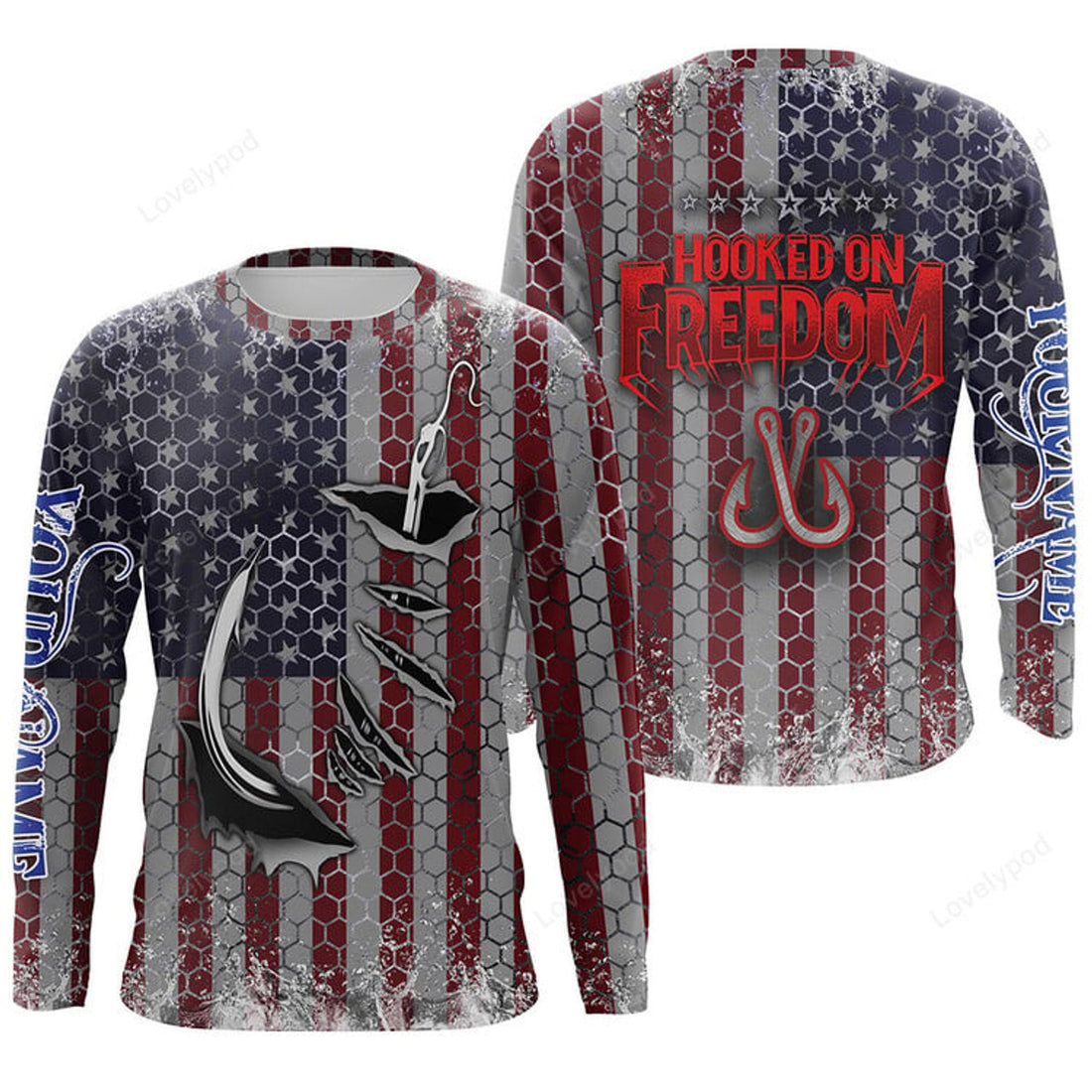 FUNSTUFFPRINT Custom American Flag Fish Hook Patriotic Fishing Gifts, Gift for fishing lover 3D Long Sleeve T-Shirt