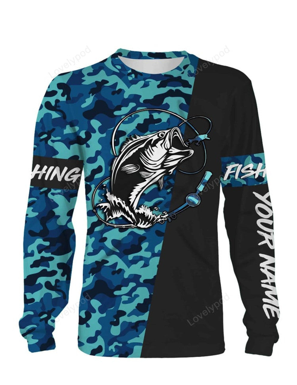 FUNSTUFFPRINT Custom Bass Fishing Sea Camo Full Printing Shirts Gift 3D Long Sleeve T-Shirt