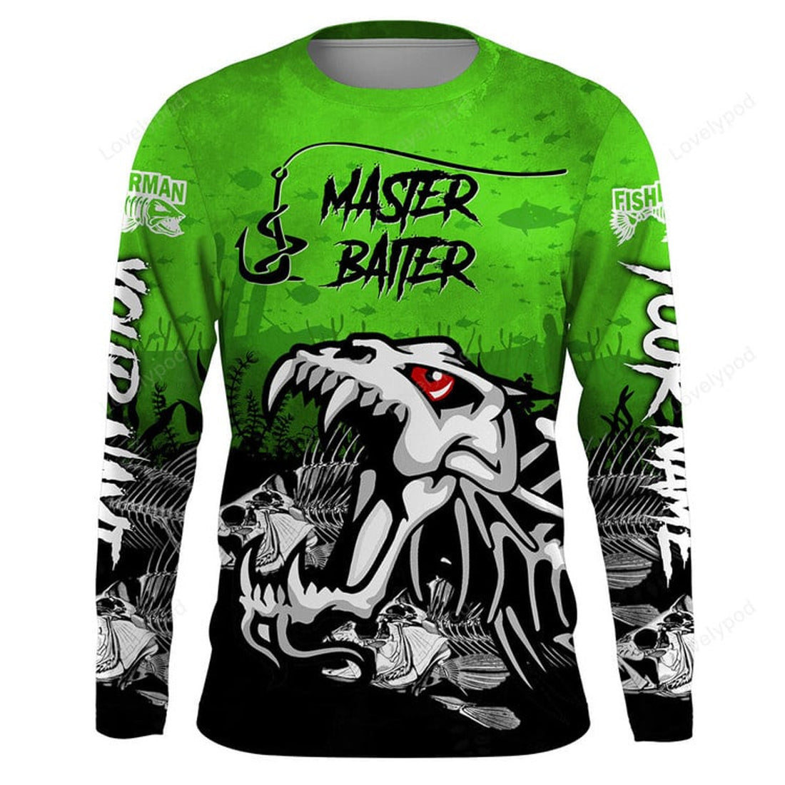 FUNSTUFFPRINT Custom Master Baiter Green Fishing Shirts Fisherman 3D Long Sleeve T-Shirt