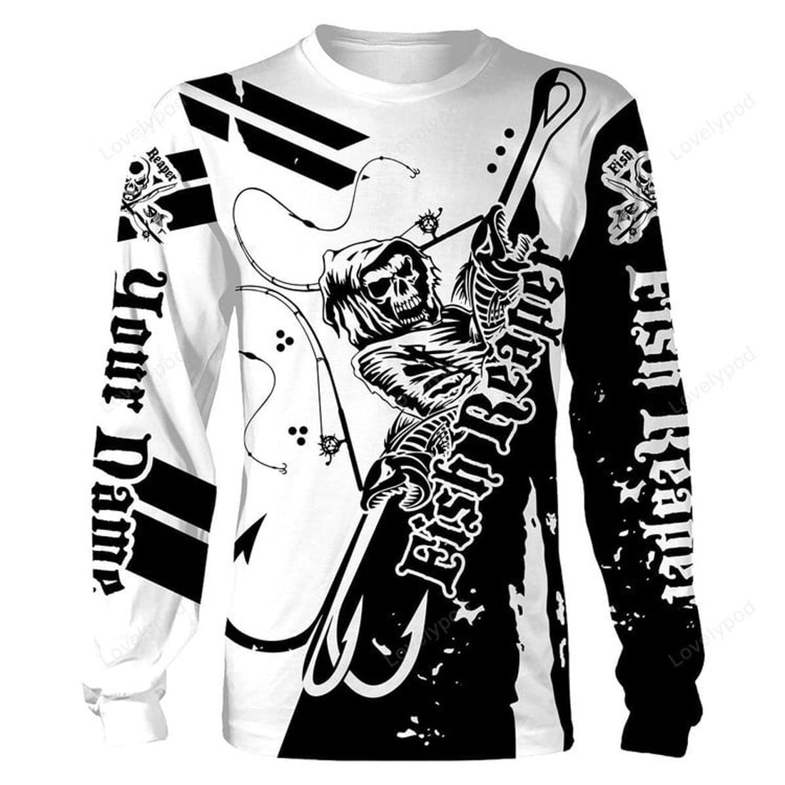 FUNSTUFFPRINT Custom Fishing Fish Reaper Fish hook Black and white Custom name 3D All over print shirts, custom men 3D Long Sleeve T-Shirt