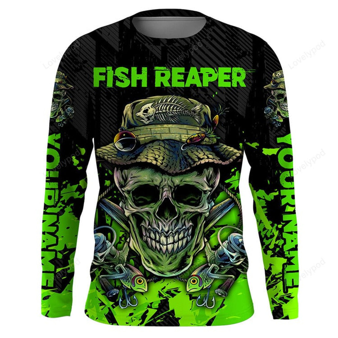 FUNSTUFFPRINT Custom Fish reaper skull black and neon green custom Fishing Shirts, custom men fishing 3D Long Sleeve T-Shirt