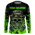 FUNSTUFFPRINT Custom Fish reaper skull black and neon green custom Fishing Shirts, custom men fishing 3D Long Sleeve T-Shirt