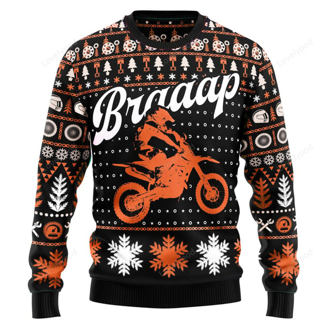FUNSTUFFPRINT Braaap Moto Orange Ugly Christmas Sweater, Biker sweatshirt, Funny Ugly Christmas Sweater, Christmas gift for motor lover Ugly Sweater