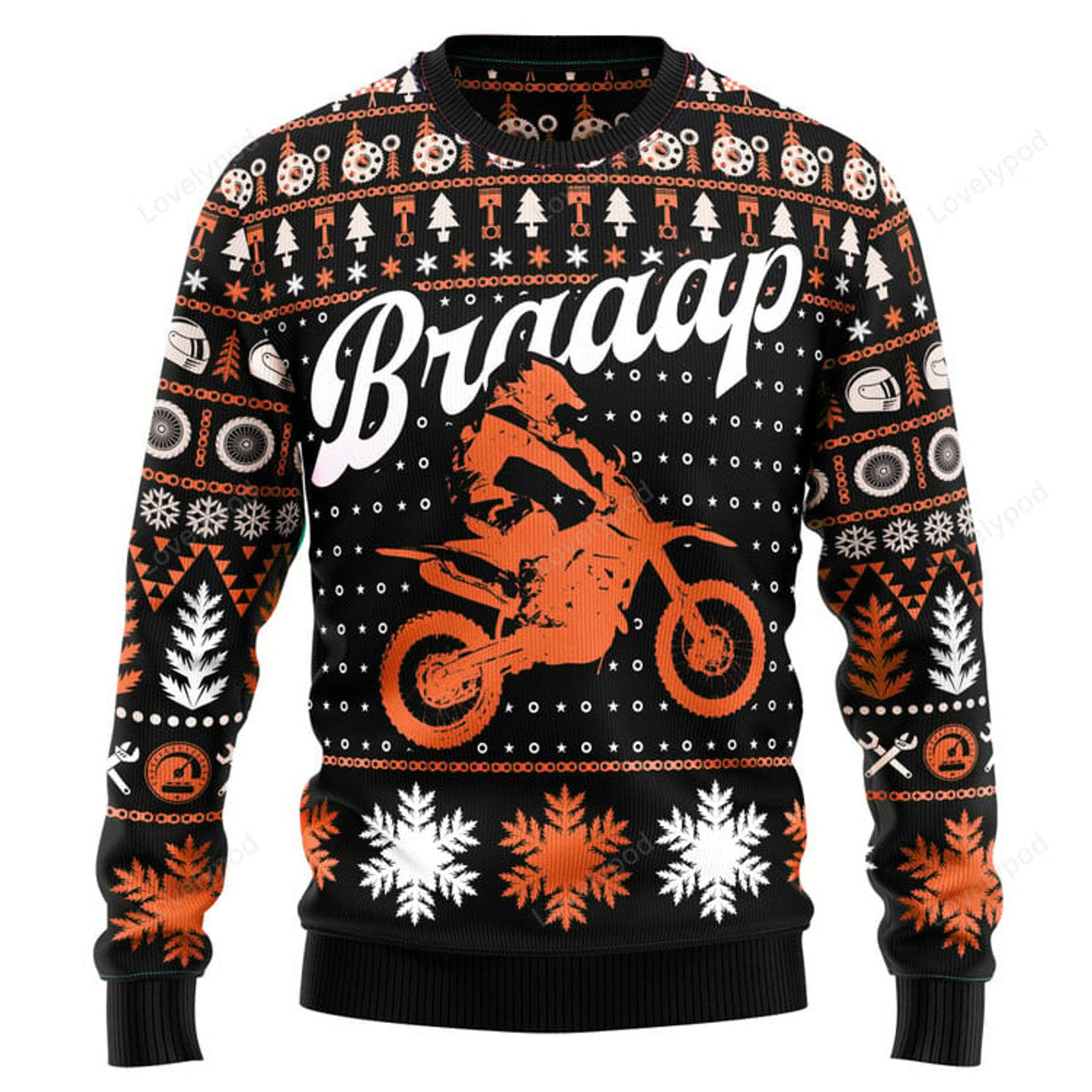 FUNSTUFFPRINT Braaap Moto Orange Ugly Christmas Sweater, Biker sweatshirt, Funny Ugly Christmas Sweater, Christmas gift for motor lover Ugly Sweater