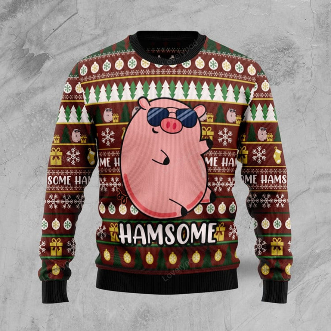 FUNSTUFFPRINT Hamsome Cute Pig Ugly Christmas Sweater for men and women Ugly Sweater