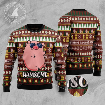 FUNSTUFFPRINT Hamsome Cute Pig Ugly Christmas Sweater for men and women Ugly Sweater