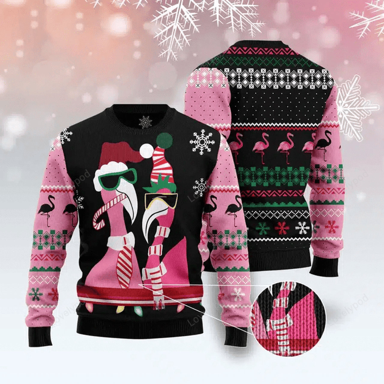 FUNSTUFFPRINT Flamingo Candy Cane Ugly Christmas Sweater for men and women Ugly Sweater