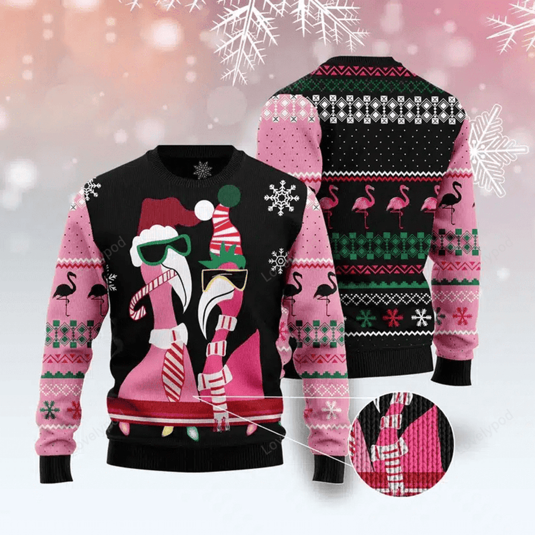 FUNSTUFFPRINT Flamingo Candy Cane Ugly Christmas Sweater for men and women Ugly Sweater