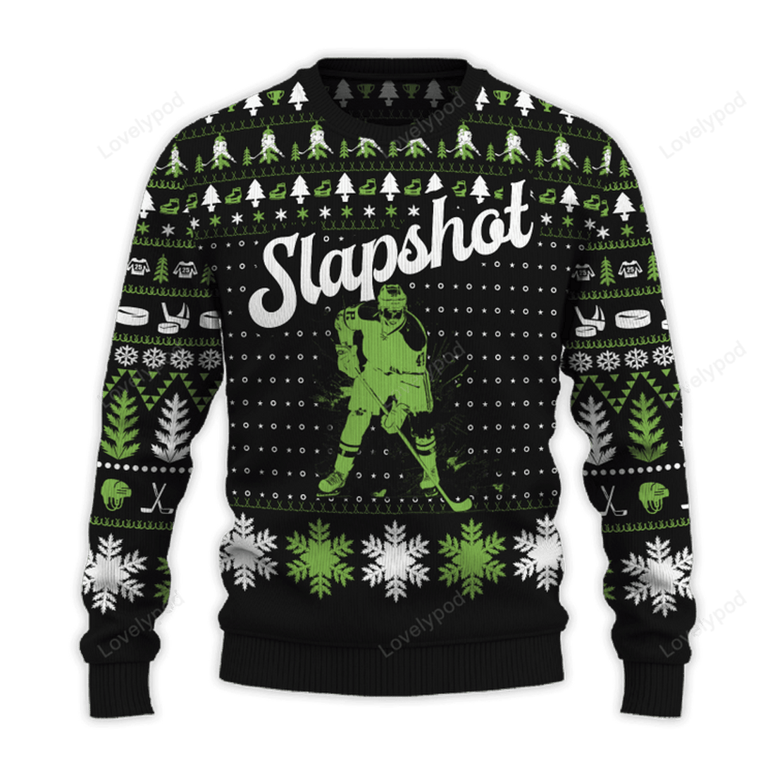 FUNSTUFFPRINT Slapshot Hockey Ugly Christmas Sweater, Hockey Ugly Christmas Sweaters for Men and Women Ugly Sweater