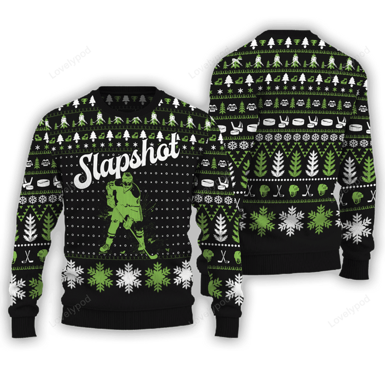 FUNSTUFFPRINT Slapshot Hockey Ugly Christmas Sweater, Hockey Ugly Christmas Sweaters for Men and Women Ugly Sweater