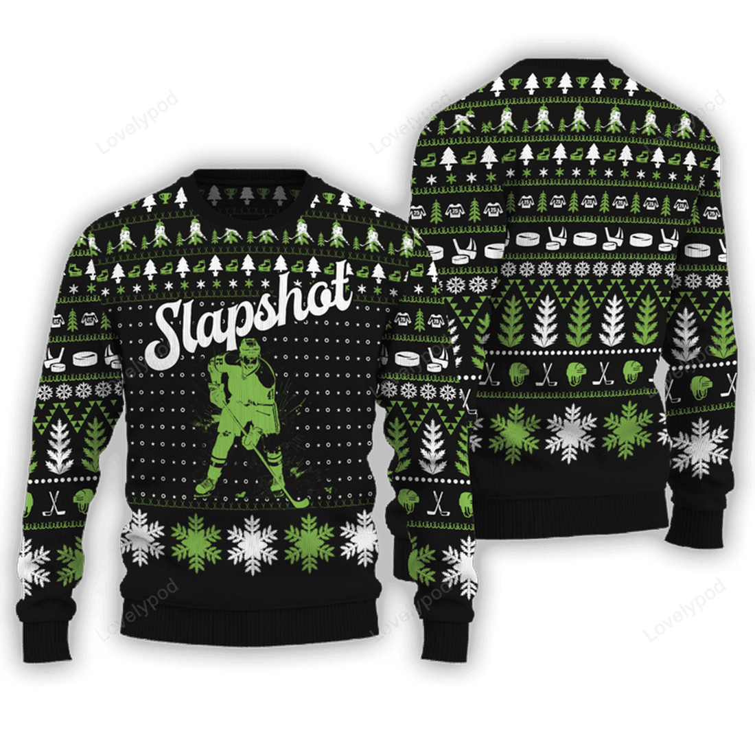 FUNSTUFFPRINT Slapshot Hockey Ugly Christmas Sweater, Hockey Ugly Christmas Sweaters for Men and Women Ugly Sweater