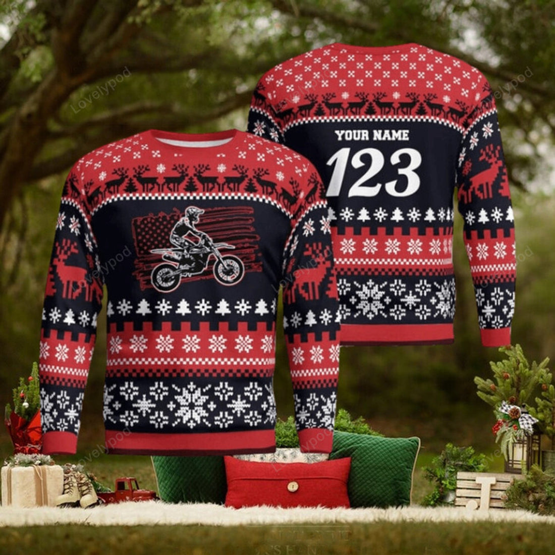 FUNSTUFFPRINT Christmas Motocross Rider 3 Custom Ugly Christmas Sweater for Men and Women, Gift for biker Motocross lover Ugly Sweater