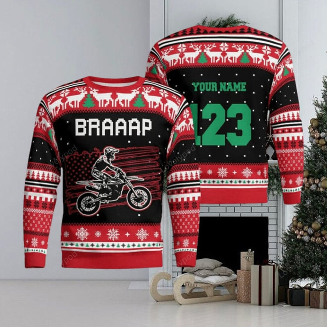 FUNSTUFFPRINT Custom Christmas Motocross Rider Ugly Christmas Sweater for Men and Women, Gift for biker Motocross lover Ugly Sweater
