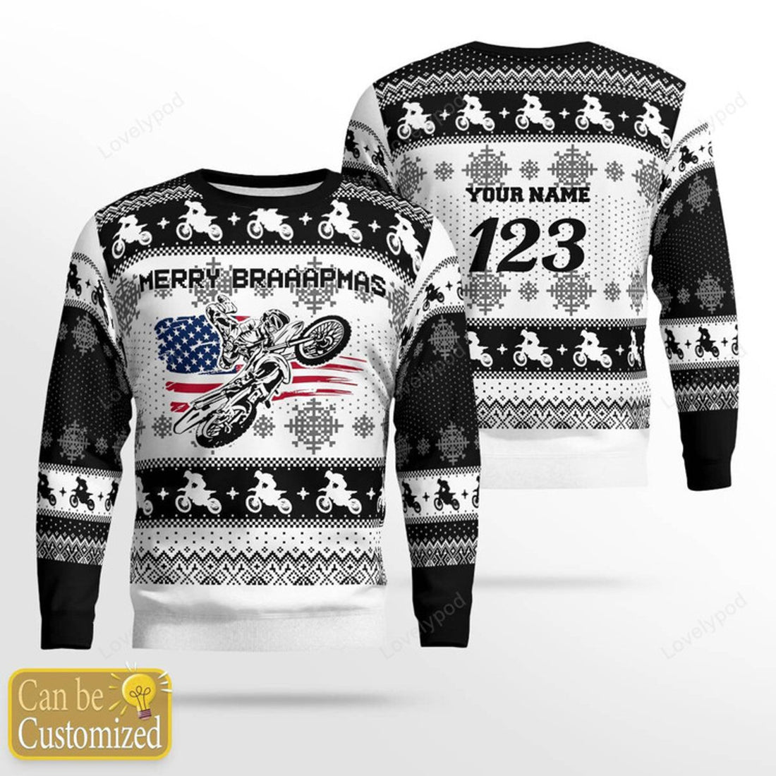 FUNSTUFFPRINT Custom Motocross rider Ugly Christmas sweater, Merry braaapmas ugly sweater, Motocross sweatshirt, Gift for biker Motocross lover Ugly Sweater