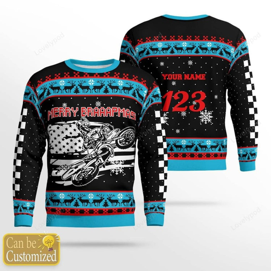 FUNSTUFFPRINT Custom name and number Motocross rider Ugly Christmas sweater, Merry braaapmas ugly sweater, Motocross sweatshirt Ugly Sweater