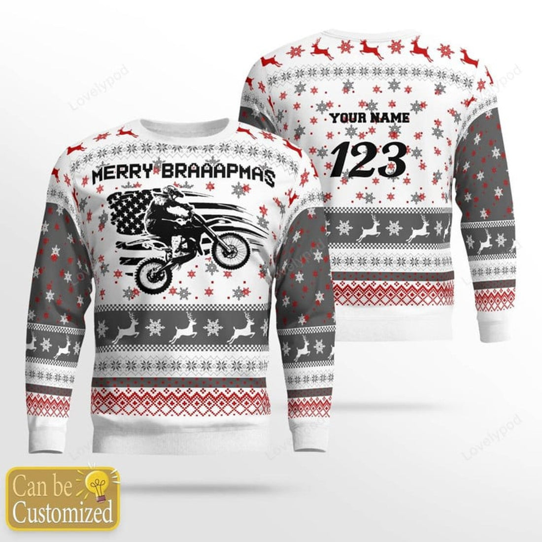 FUNSTUFFPRINT Custom name and number Motocross rider Ugly Christmas sweater, Motocross sweatshirt Ugly Sweater
