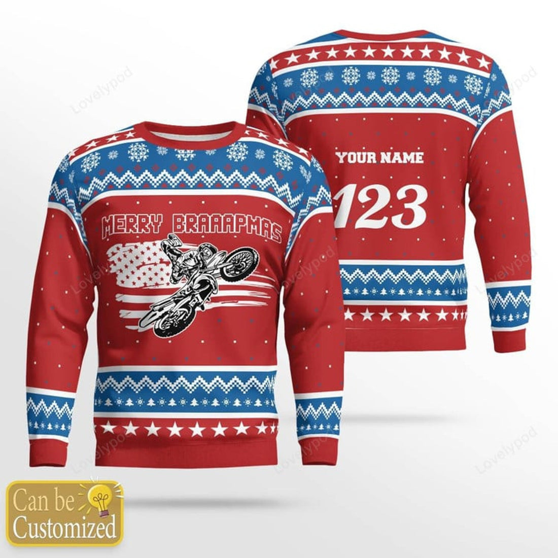 FUNSTUFFPRINT Custom name and number Motocross rider red Ugly Christmas sweater, Motocross sweatshirt Ugly Sweater