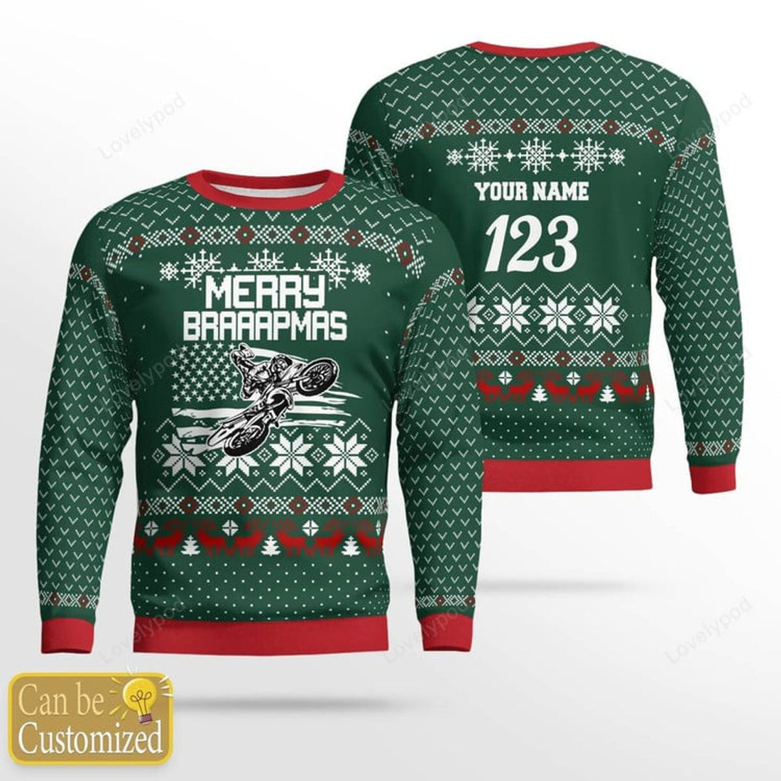 FUNSTUFFPRINT Custom name and number Motocross rider Ugly Christmas sweater, Motocross sweatshirt, Christmas gift for motocross lover Ugly Sweater