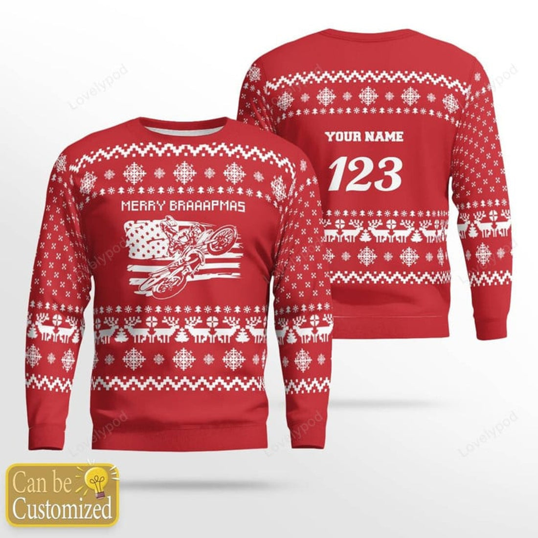 FUNSTUFFPRINT Custom name and number Motocross rider Ugly Christmas sweater red, Motocross biker sweatshirt, Christmas gift for motocross lover Ugly Sweater