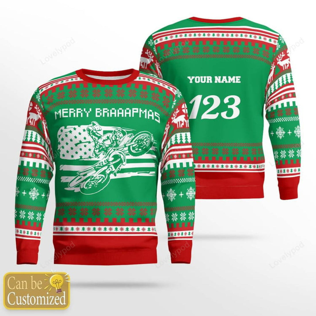 FUNSTUFFPRINT Custom name and number Motocross rider Ugly Christmas sweater red, Motocross biker sweatshirt, Christmas gift for motocross Ugly Sweater