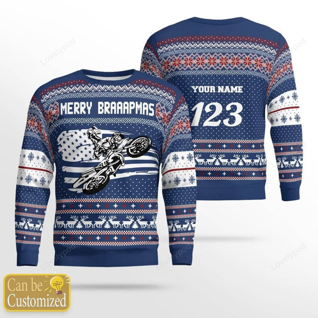 FUNSTUFFPRINT Custom name and number Motocross rider 13 Ugly Christmas sweater for men, Motocross biker sweatshirt, gift for motocross lover Ugly Sweater
