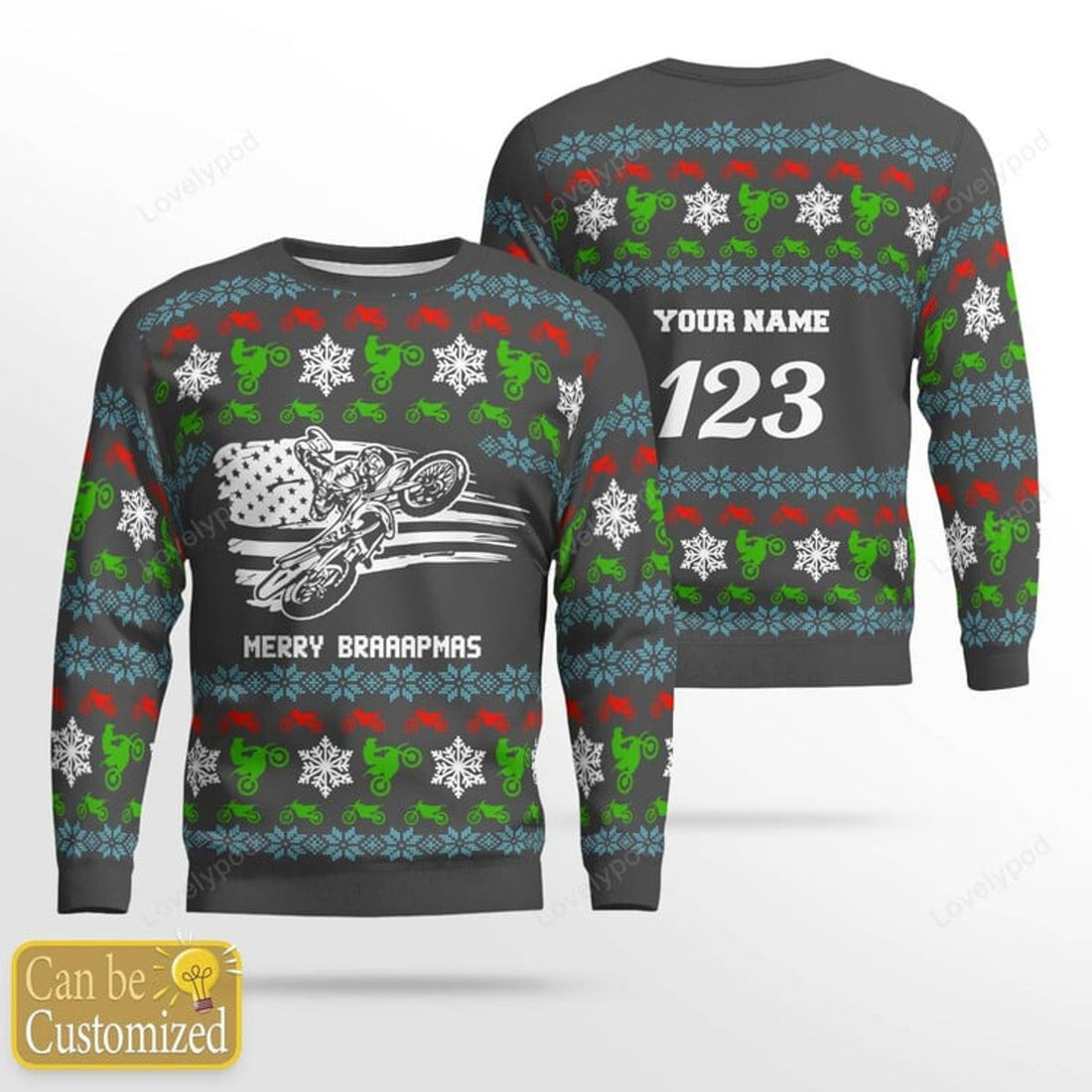 FUNSTUFFPRINT Custom name and number Motocross rider 9 Ugly Christmas sweater for men, Motocross biker sweatshirt, gift for motocross lover Ugly Sweater