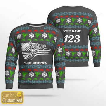 FUNSTUFFPRINT Custom name and number Motocross rider 9 Ugly Christmas sweater for men, Motocross biker sweatshirt, gift for motocross lover Ugly Sweater