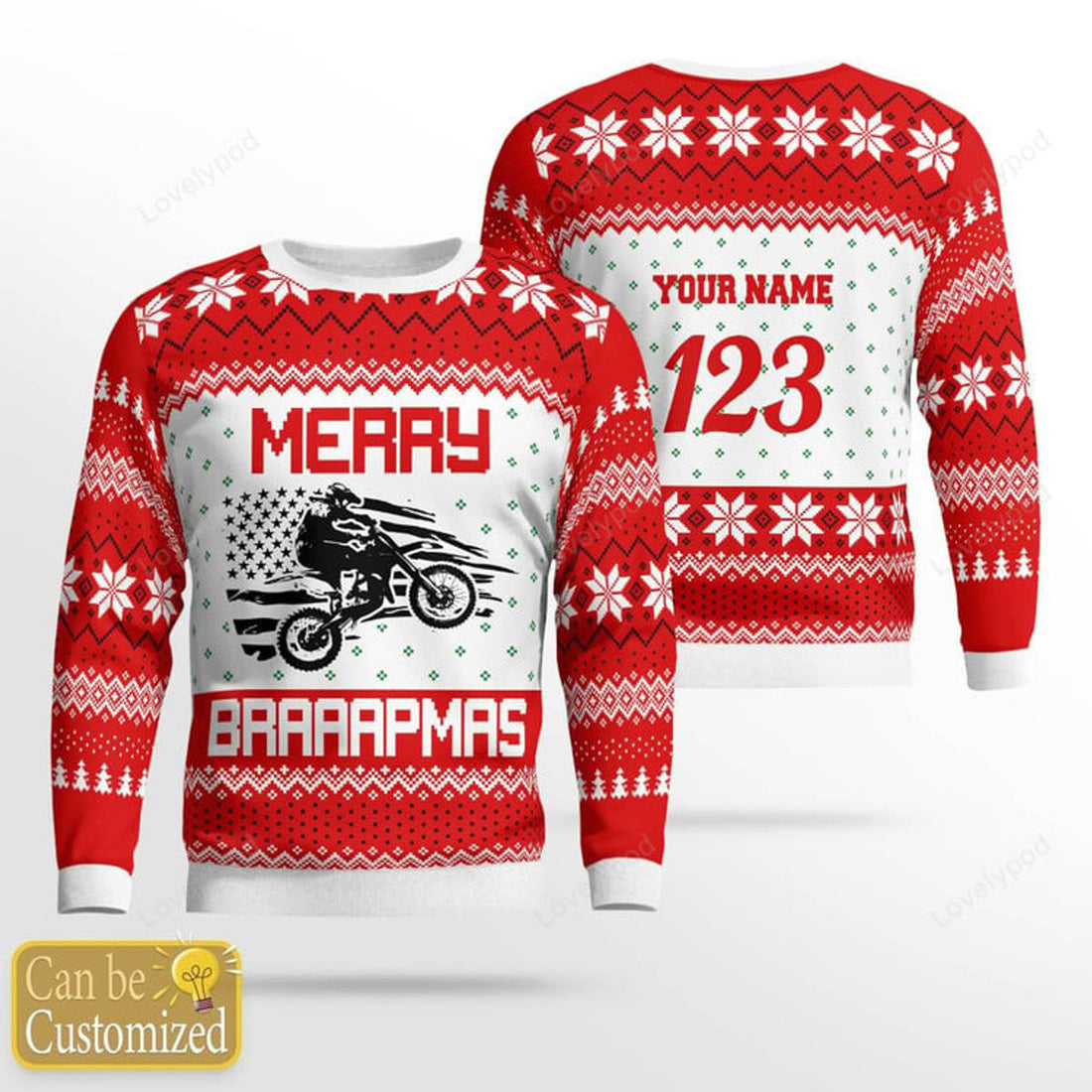 FUNSTUFFPRINT Custom name Braaap Christmas Motocross rider Ugly Christmas sweater for men, Motocross biker sweatshirt, gift for motocross lover Ugly Sweater