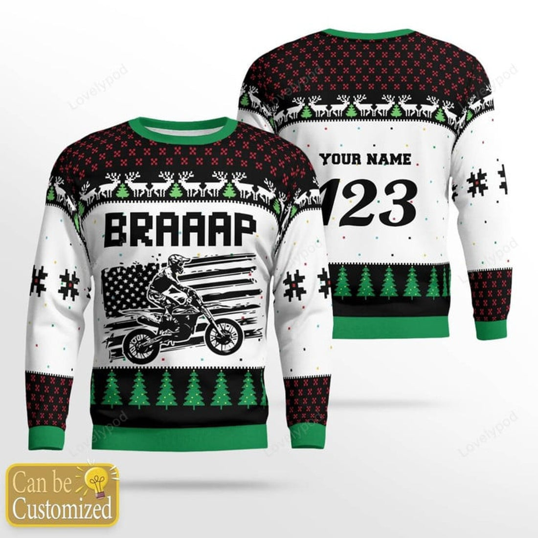 FUNSTUFFPRINT Custom name Xmas Braaap Motocross rider Ugly Christmas sweater, Motocross biker sweatshirt, gift for motocross lover Ugly Sweater