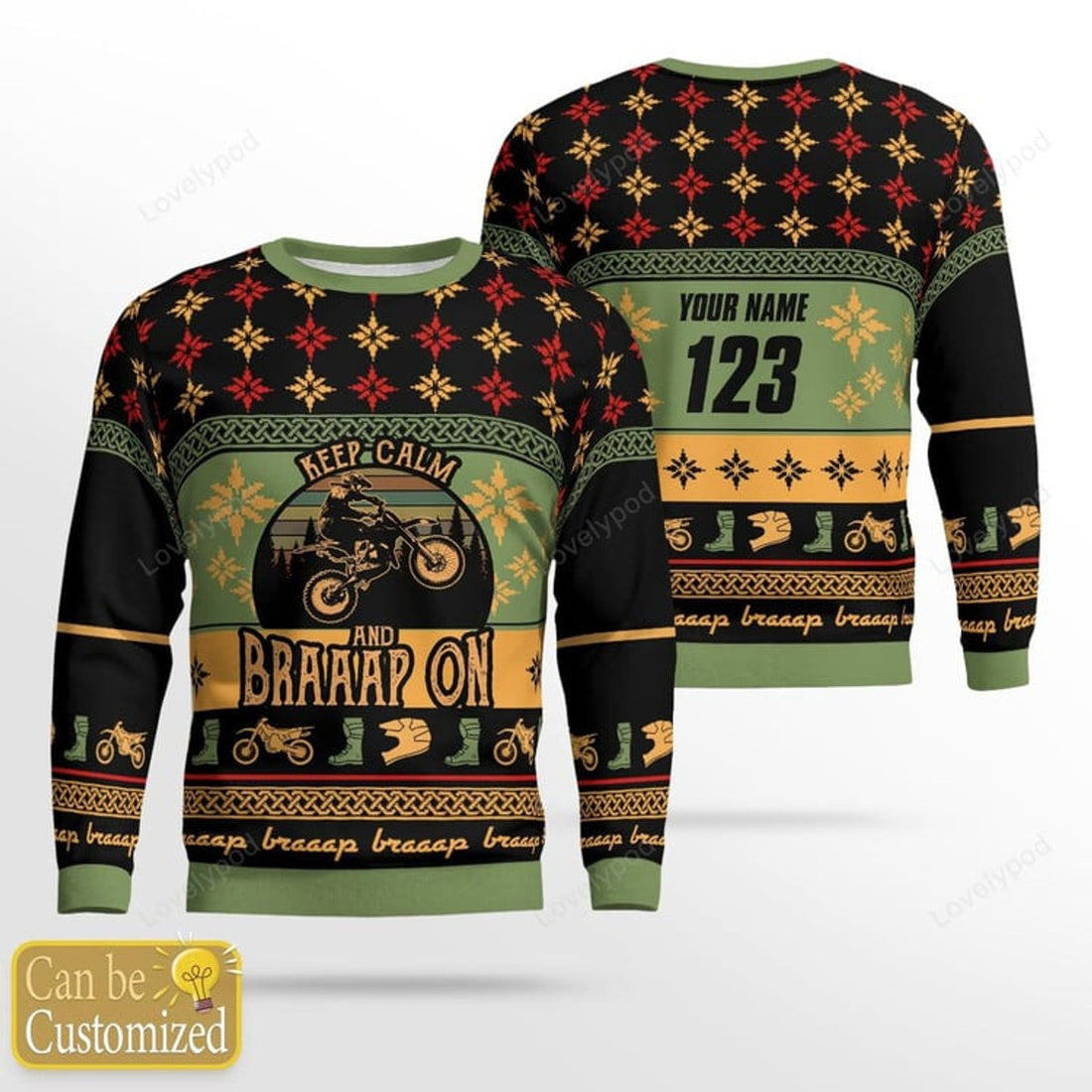 FUNSTUFFPRINT Custom name Braaap Moto Ugly Christmas Sweater, Custom Name Moto Ugly Sweater, Keep Calm And Braaap On Christmas Gifts Ugly Sweater