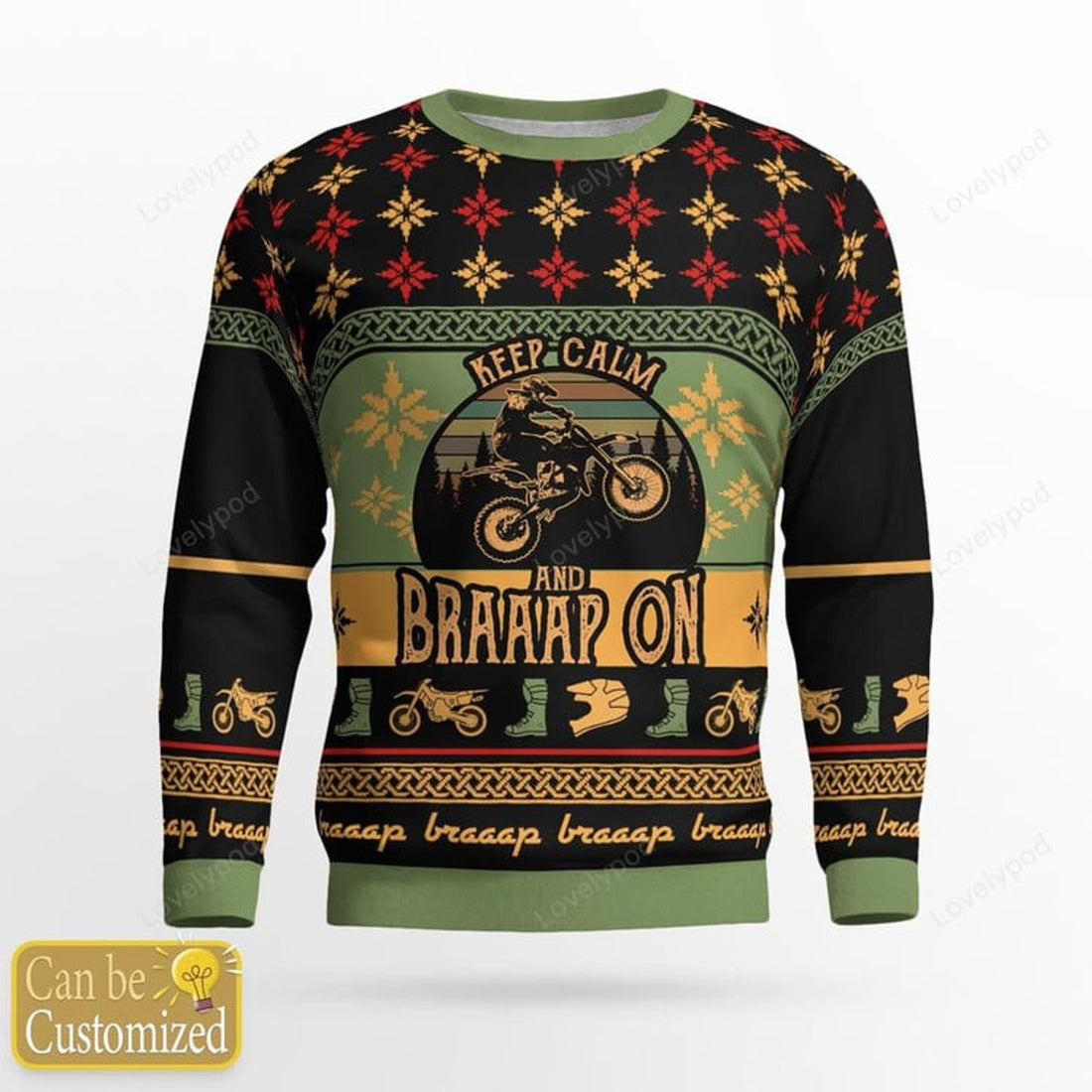 FUNSTUFFPRINT Custom name Braaap Moto Ugly Christmas Sweater, Custom Name Moto Ugly Sweater, Keep Calm And Braaap On Christmas Gifts Ugly Sweater