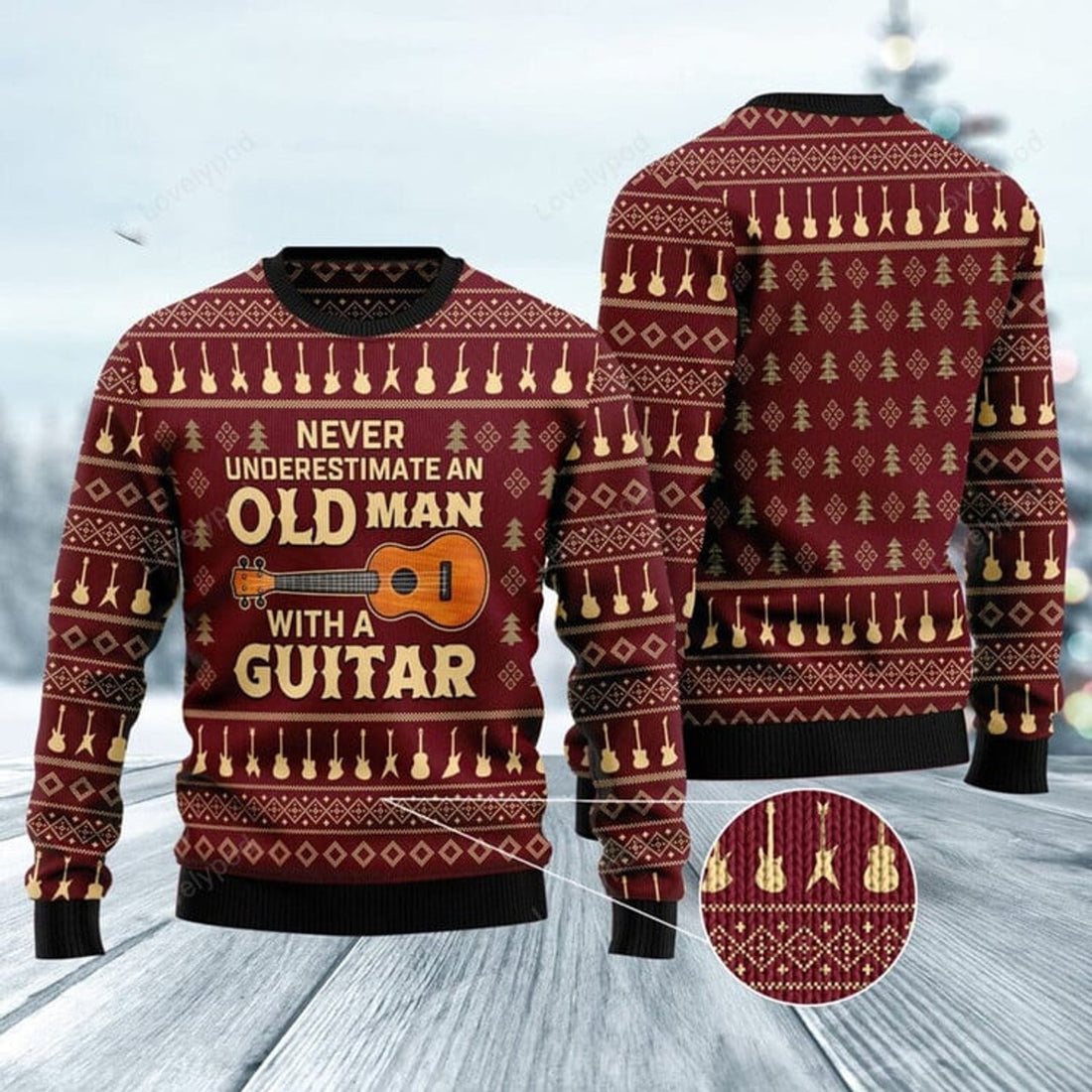 FUNSTUFFPRINT Never Underestimate An Old Man With A Guitar Ugly Christmas Sweater, Christmas Sweatshirt Gift for Man Women Ugly Sweater