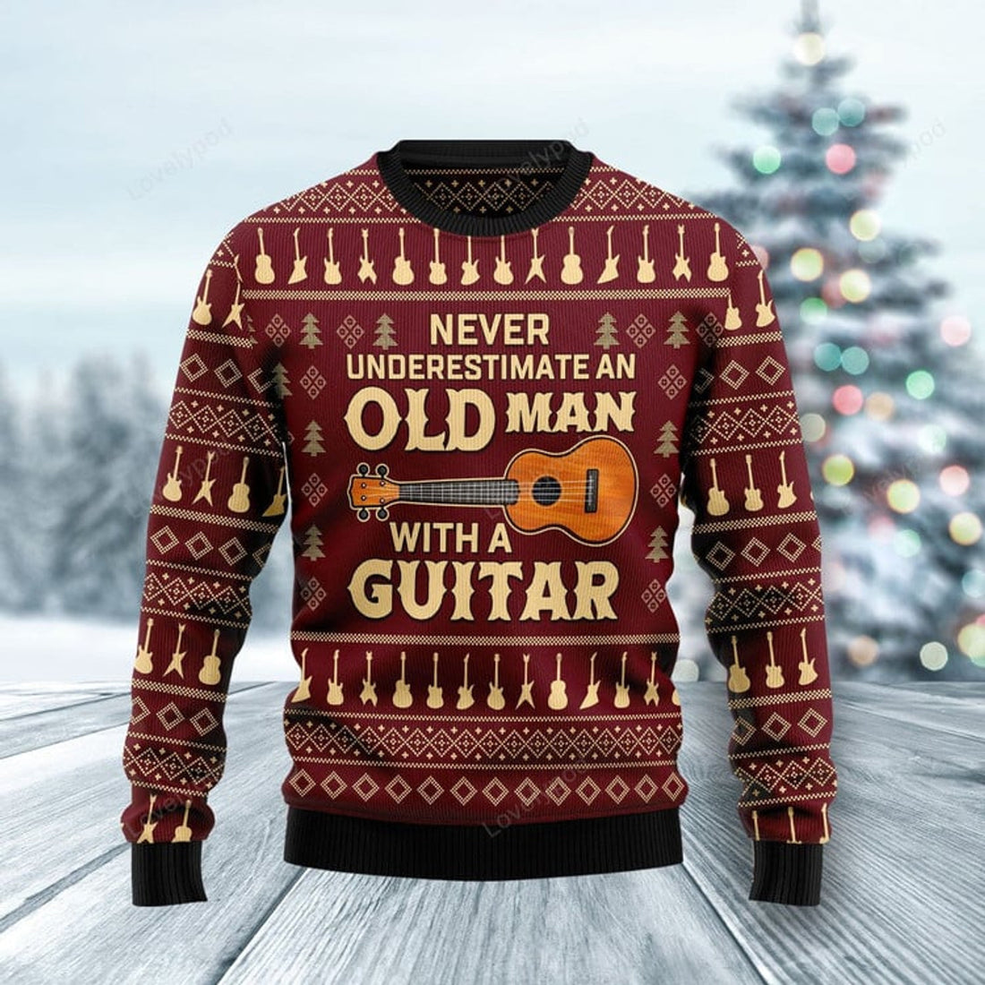 FUNSTUFFPRINT Never Underestimate An Old Man With A Guitar Ugly Christmas Sweater, Christmas Sweatshirt Gift for Man Women Ugly Sweater
