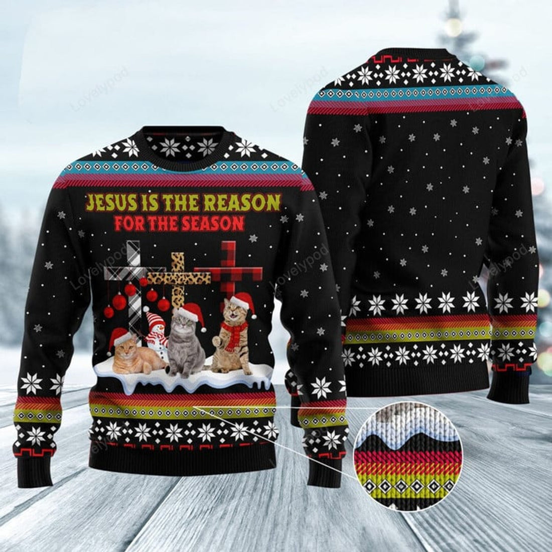 FUNSTUFFPRINT Jesus is the reason for the season Cat Ugly Christmas Sweater, Christmas Sweatshirt Gift for Man Women Ugly Sweater