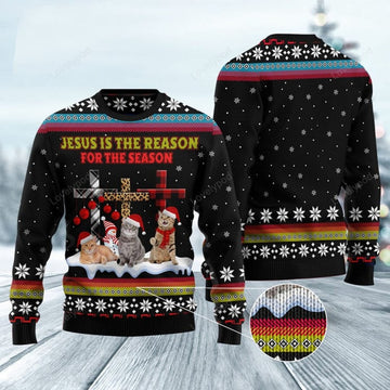 FUNSTUFFPRINT Jesus is the reason for the season Cat Ugly Christmas Sweater, Christmas Sweatshirt Gift for Man Women Ugly Sweater