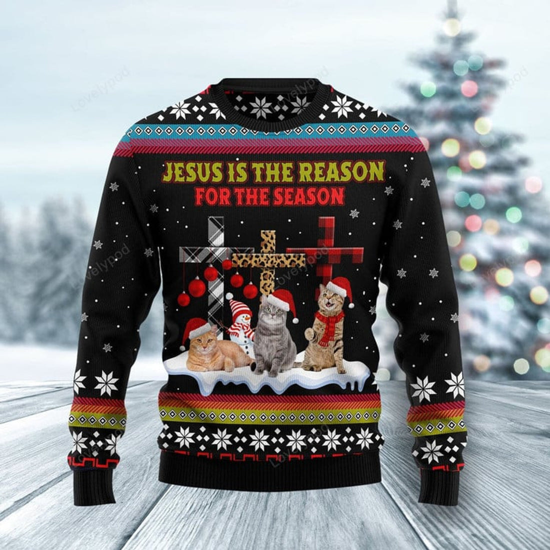 FUNSTUFFPRINT Jesus is the reason for the season Cat Ugly Christmas Sweater, Christmas Sweatshirt Gift for Man Women Ugly Sweater