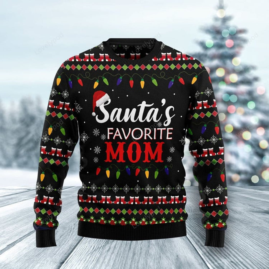 FUNSTUFFPRINT Santa's Favorite Mom Ugly Christmas Sweater, Christmas Sweatshirt Gift for Mom Ugly Sweater