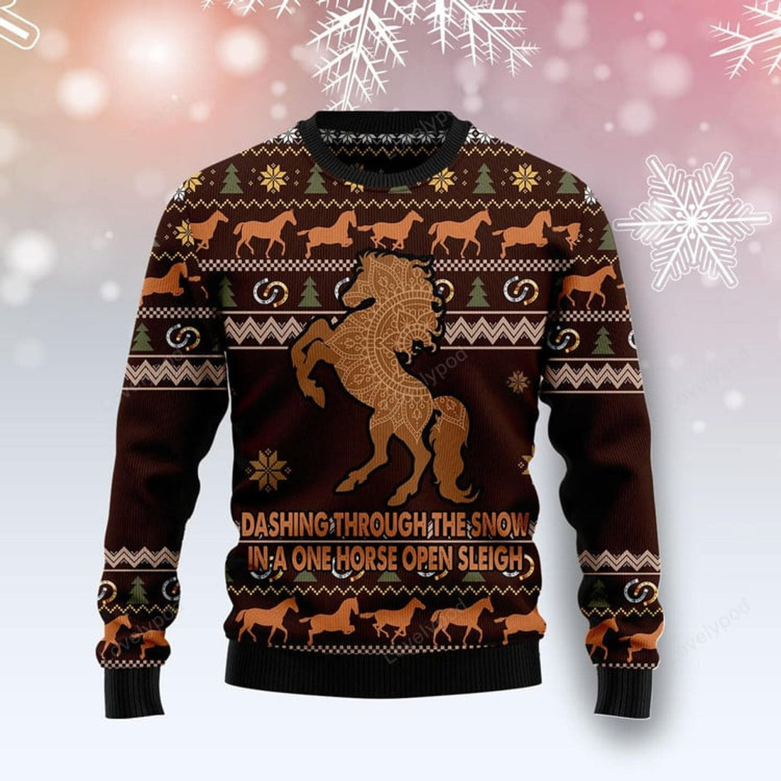 FUNSTUFFPRINT Horse Through Snow Ugly Christmas Sweater, Christmas Sweatshirt Gift for Horse lover Ugly Sweater