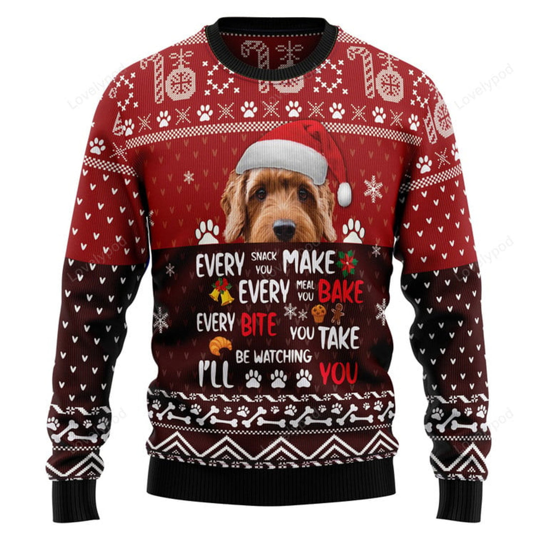 FUNSTUFFPRINT Goldendoodle Will Be Watching You Ugly Christmas Sweater, Christmas Sweatshirt Gift for Dog lover Ugly Sweater