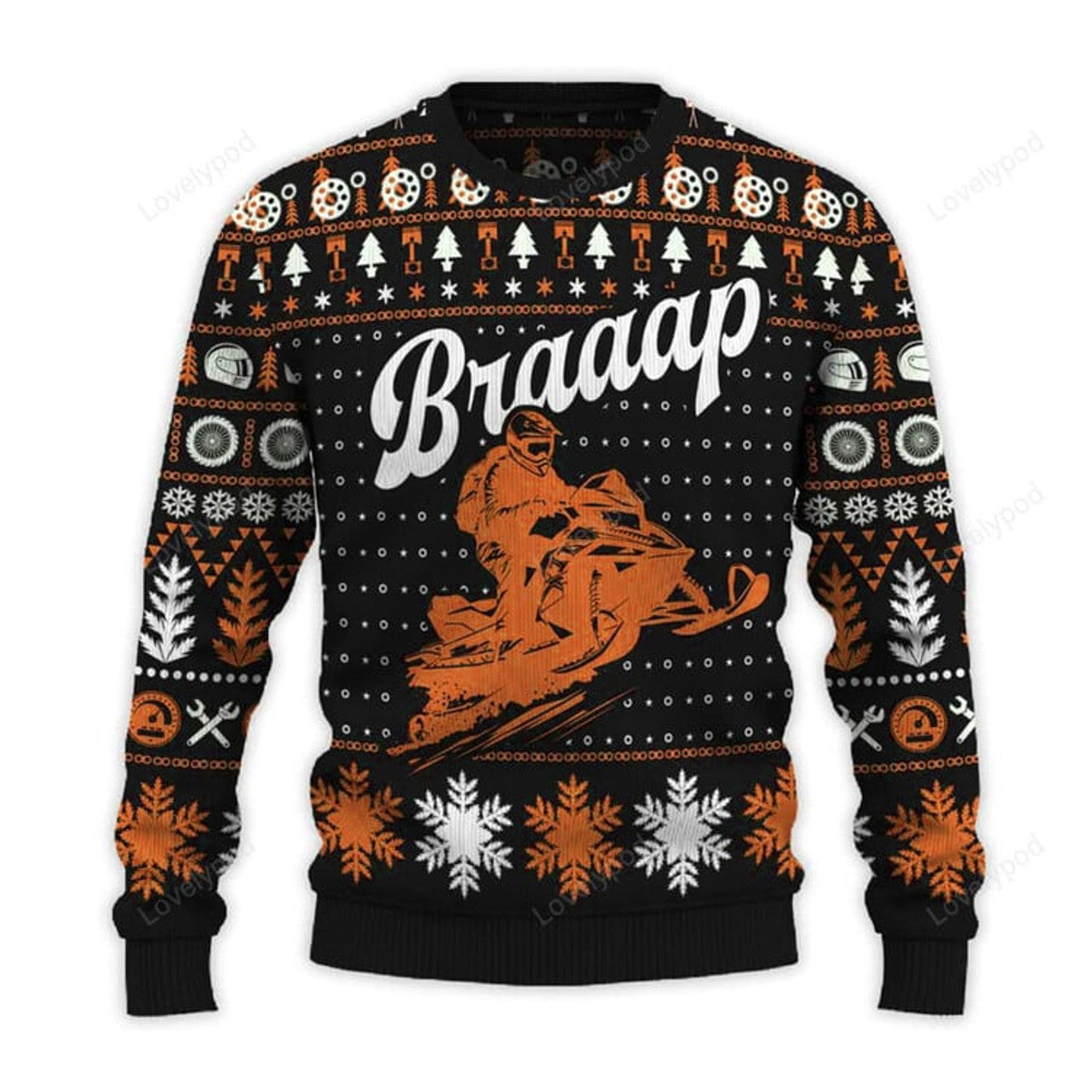FUNSTUFFPRINT Braaap Snowmobile Ugly Christmas Sweater, Custom Sport ugly sweater, Snowmobile shirt for men and women Ugly Sweater