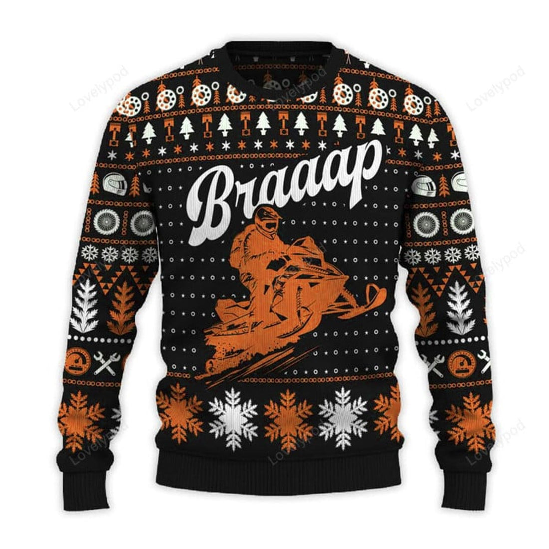 FUNSTUFFPRINT Braaap Snowmobile Ugly Christmas Sweater, Custom Sport ugly sweater, Snowmobile shirt for men and women Ugly Sweater