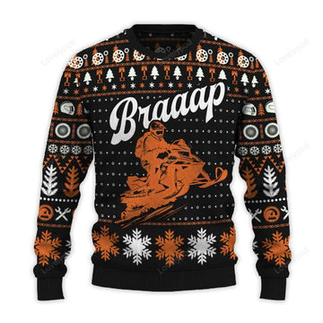 FUNSTUFFPRINT Braaap Snowmobile Ugly Christmas Sweater, Custom Sport ugly sweater, Snowmobile shirt for men and women Ugly Sweater