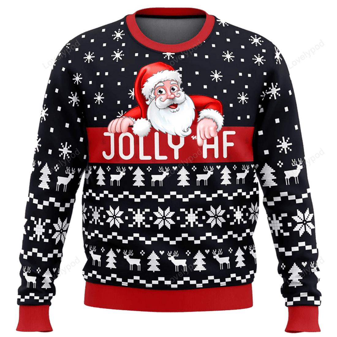 FUNSTUFFPRINT Jolly Af Santa claus Ugly Christmas Sweater, Custom Ugly sweater for men and women Ugly Sweater
