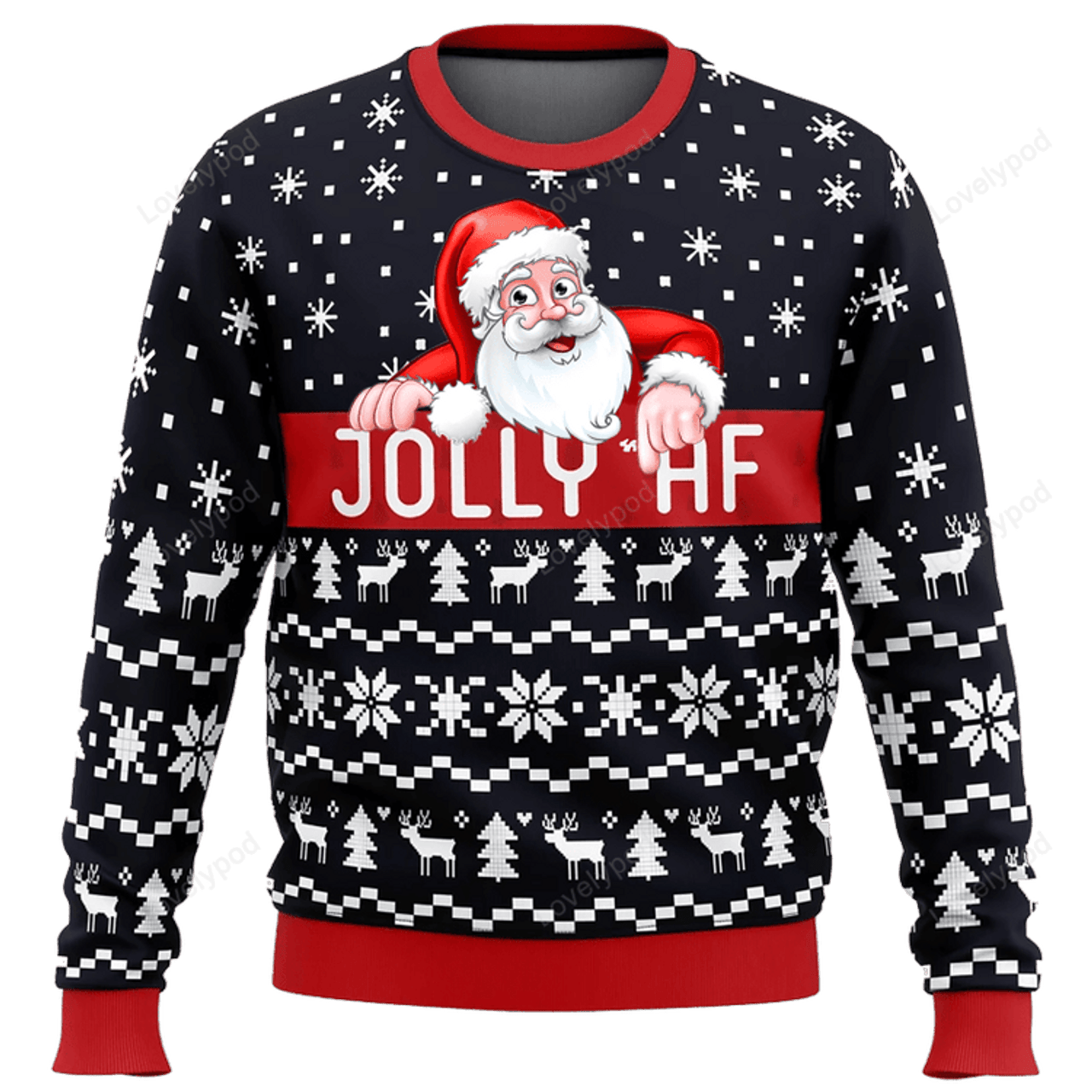 FUNSTUFFPRINT Jolly Af Santa claus Ugly Christmas Sweater, Custom Ugly sweater for men and women Ugly Sweater