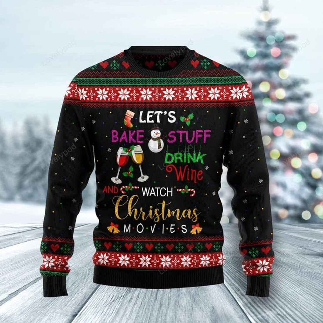 FUNSTUFFPRINT Drink wine and watch christmas movies Ugly Christmas Sweater, Funny christmas sweatshirt for men and women Ugly Sweater