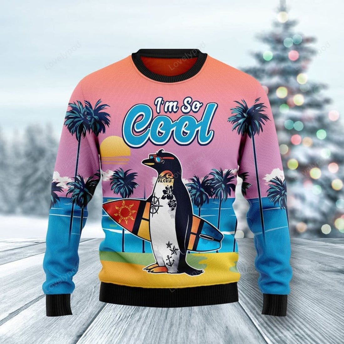 FUNSTUFFPRINT Penguin I'm So Cool Ugly Christmas Sweater for men and women Ugly Sweater