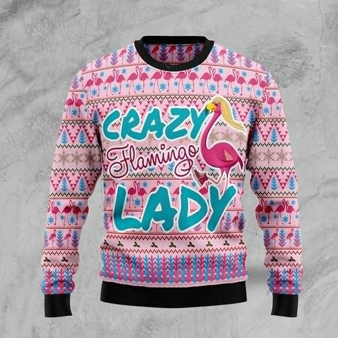 FUNSTUFFPRINT Flamingo Pink Flamingo Lady Ugly Christmas Sweater for men and women Ugly Sweater